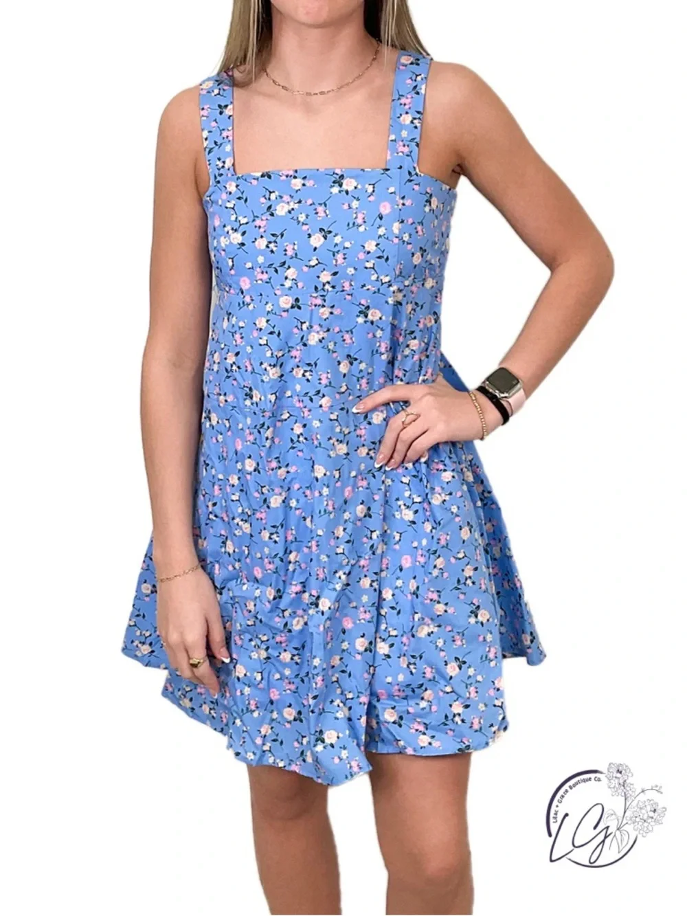 Anthropologie Blu Pepper Blue Preppy Floral A-Line Tie Back Cotton Sun Dress S - Picture 1 of 9